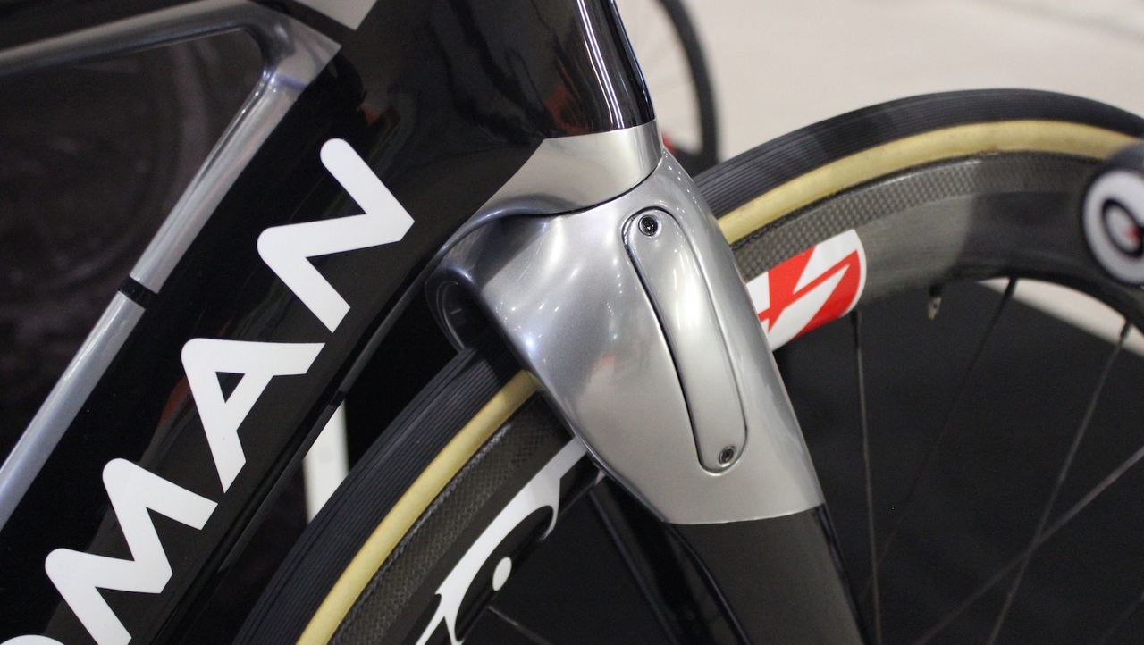The front brake is located within the fork itself