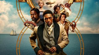 The main cast, with a dapper Ernest Kingsley Jr. front and center as the titular character, and all set against a nautical backdrop of cloudy skies with a single boat on a wide blue sea in a poster image for Washington Black.