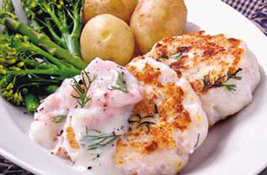 Fishcakes with prawn sauce