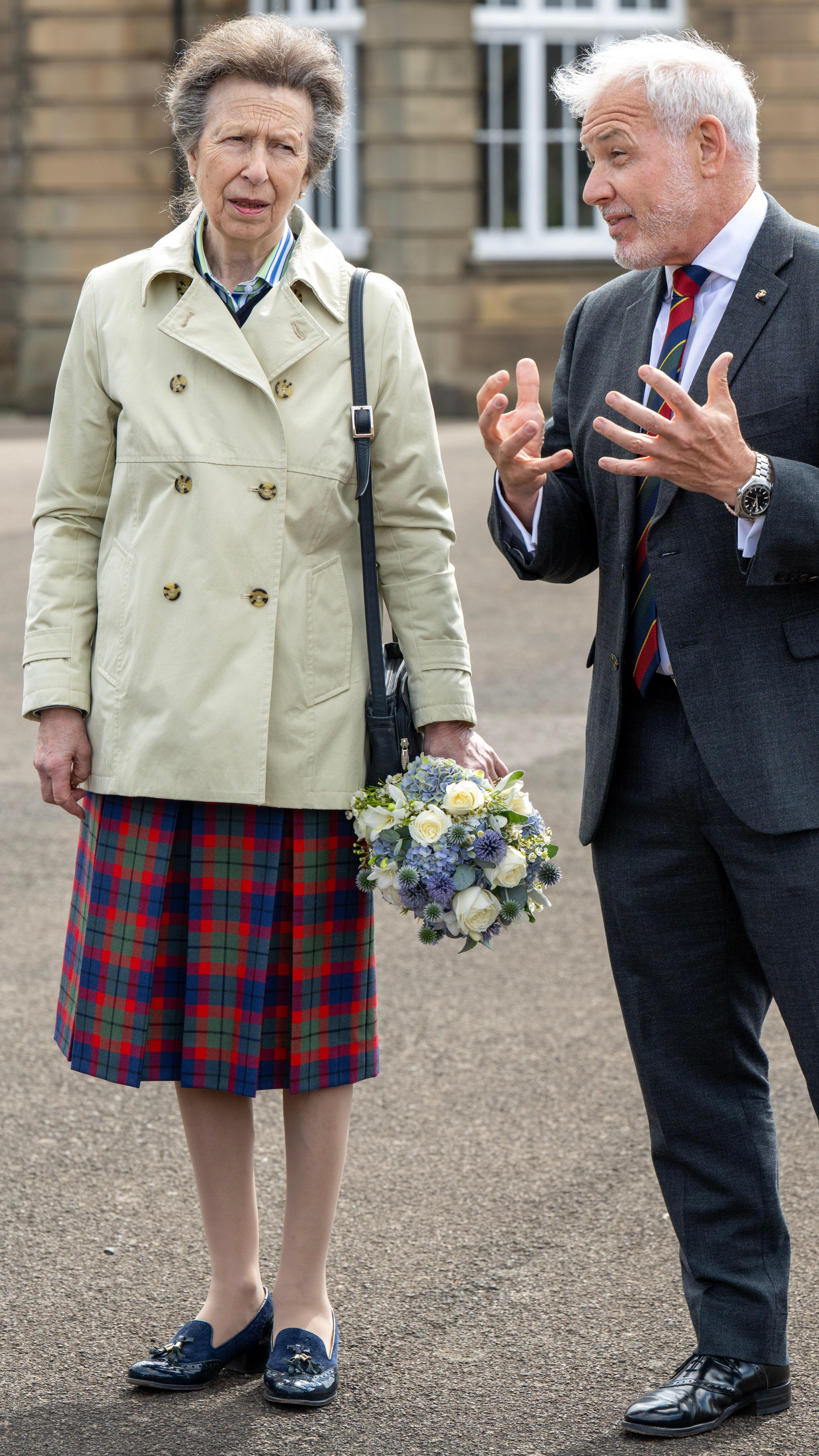 The Princess Royal stands alongside Jason Barrett at a rehearsal for this year's Royal Edinburgh Military Tattoo at Redford Barracks in Edinburgh