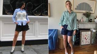two fashion editors wearing athletic shorts with button down shirts in new york city
