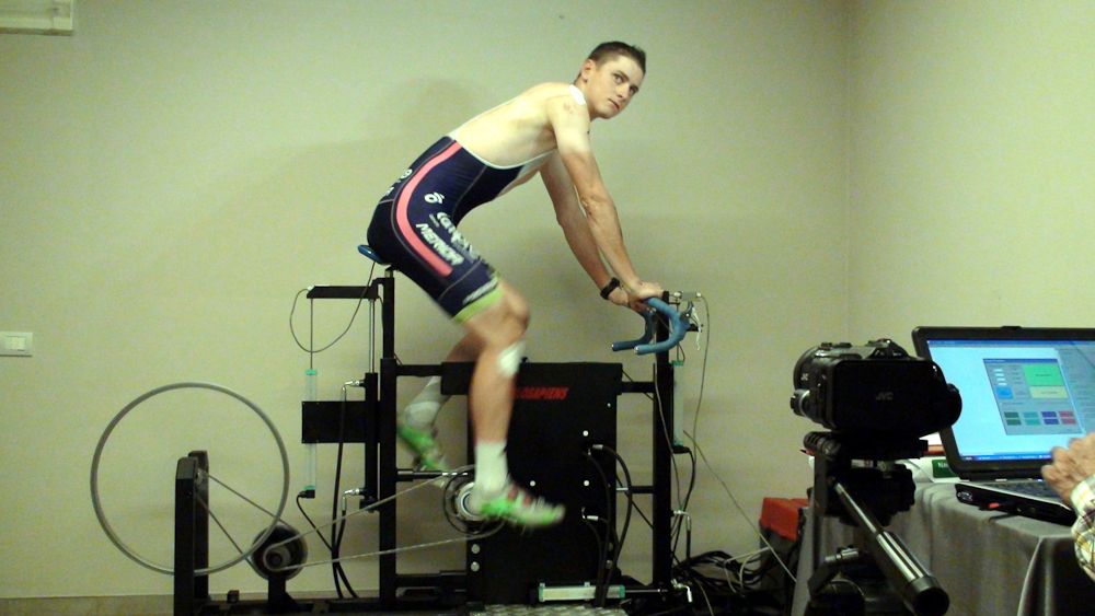 Matej Mohoric on the stationary bike for a test.