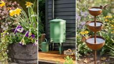 Three rain capture systems: a green water butt and watering can, water tables for birds and butterflies, and a water pot with plants in