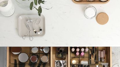 White marble bathroom countertop with jars and jewellery