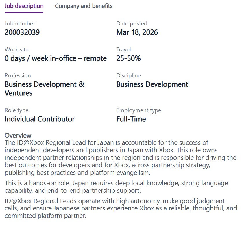 Microsoft ID@Xbox Japan career listing