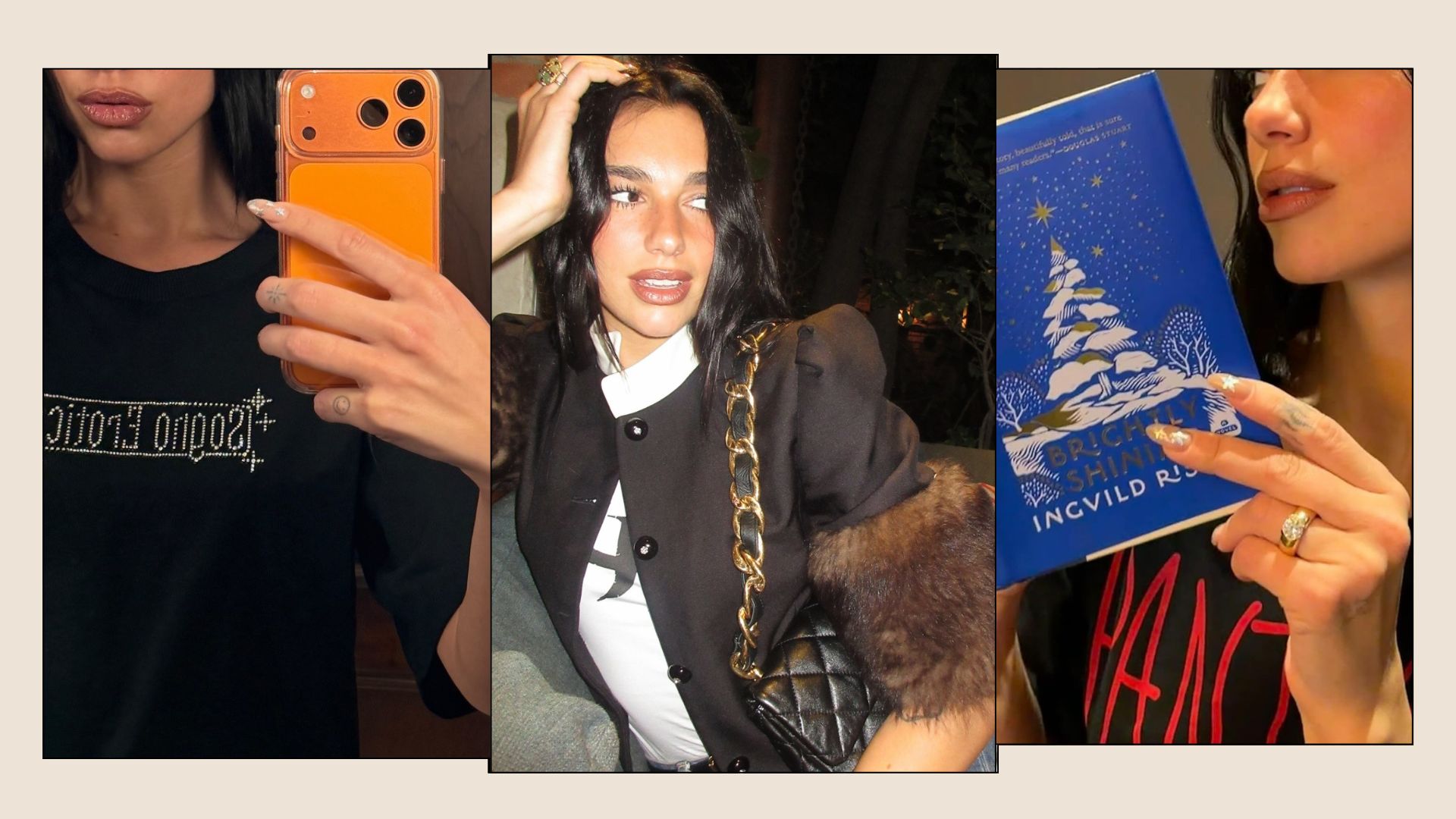 A collage with photos of Dua Lipa&#039;s starry nails