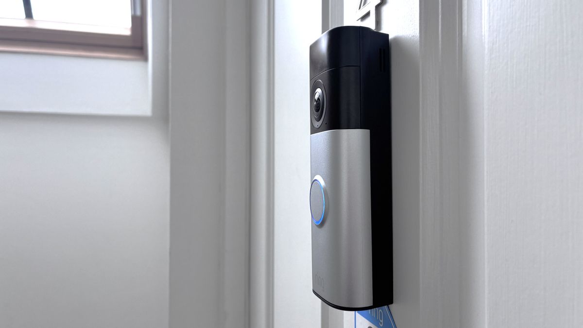 Side view of Ring Battery Video Doorbell Plus (2nd Gen) mounted on front door