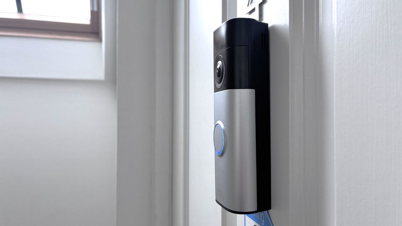 Side view of Ring Battery Video Doorbell Plus (2nd Gen) mounted on front door