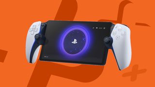 PlayStation Portal handheld system with orange background
