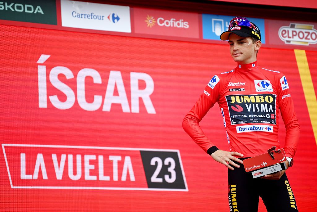 SCAR SPAIN SEPTEMBER 15 Sepp Kuss of The United States and Team JumboVisma celebrates at podium as Red Leader Jersey winner during the 78th Tour of Spain 2023 Stage 19 a 1771km stage from La Baeza to scar UCIWT on September 15 2023 in scar Spain Photo by Tim de WaeleGetty Images