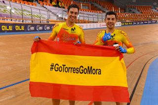 Spain’s Sebastian Mora and Albert Torres celebrate their victory in the Madison at the 2020 UEC Track European Championships in Plovdiv, Bulgaria