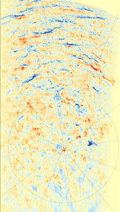 A yellow strip with patches of red and blue