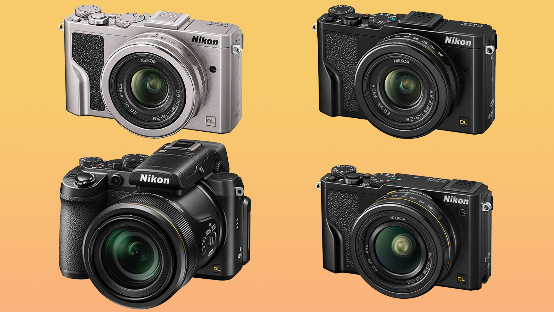 Product images of Nikon DL series of cameras on a orange to yellow background