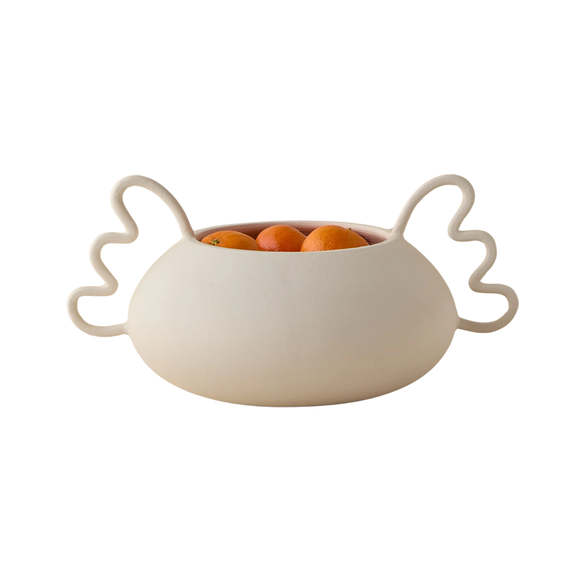 a white fruit bowl with whimsical handles