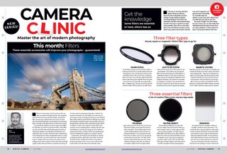 Opening two pages of Camera Clinic tutorial, about lens filters, in the July 2024 issue of Digital Camera magazine