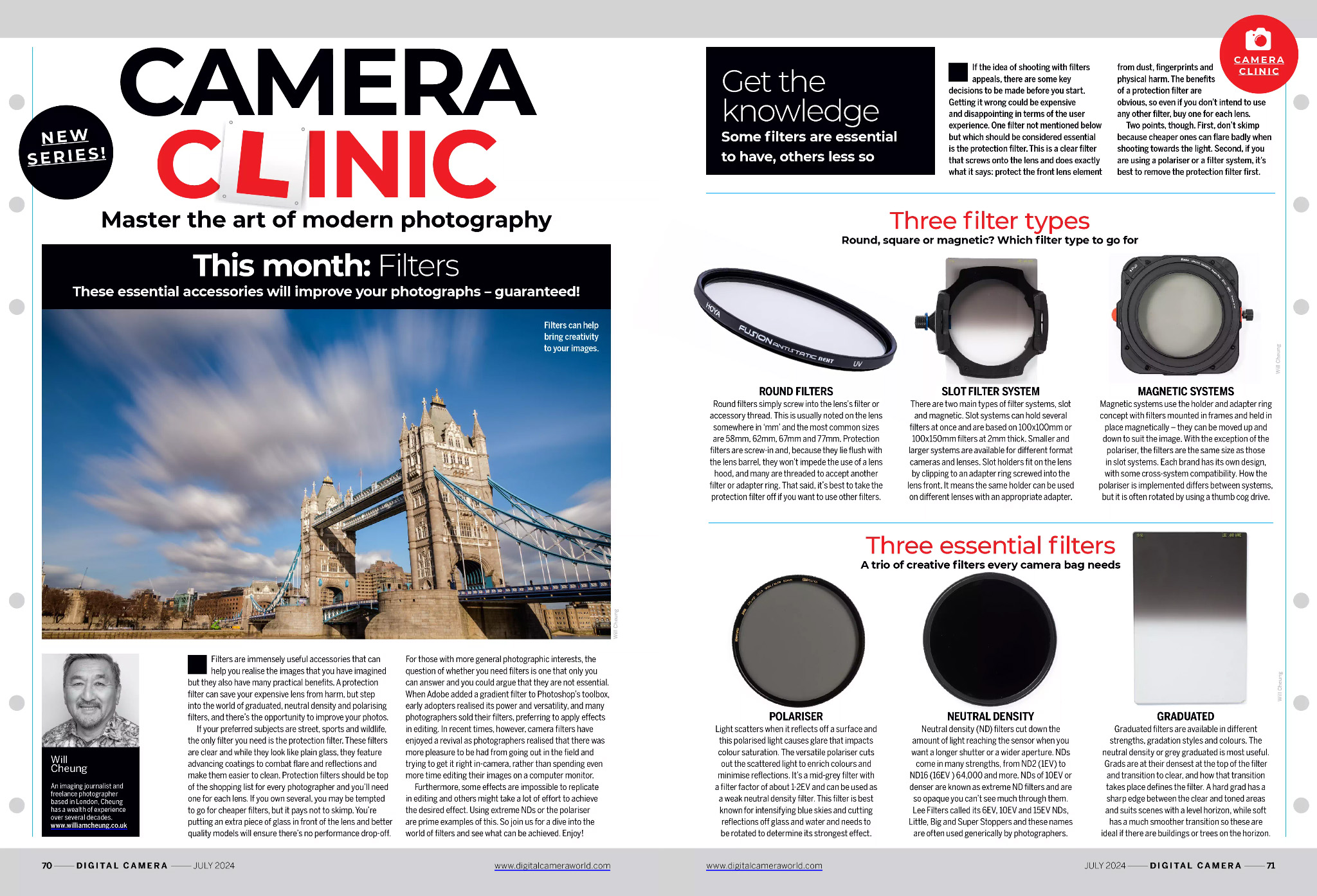 Opening two pages of Camera Clinic tutorial, about lens filters, in the July 2024 issue of Digital Camera magazine