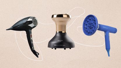 Three of the best hair dryers for curly hair from (left to right) ghd, Bellissima and Hershesons, set on a beige background with a white fine line illustration