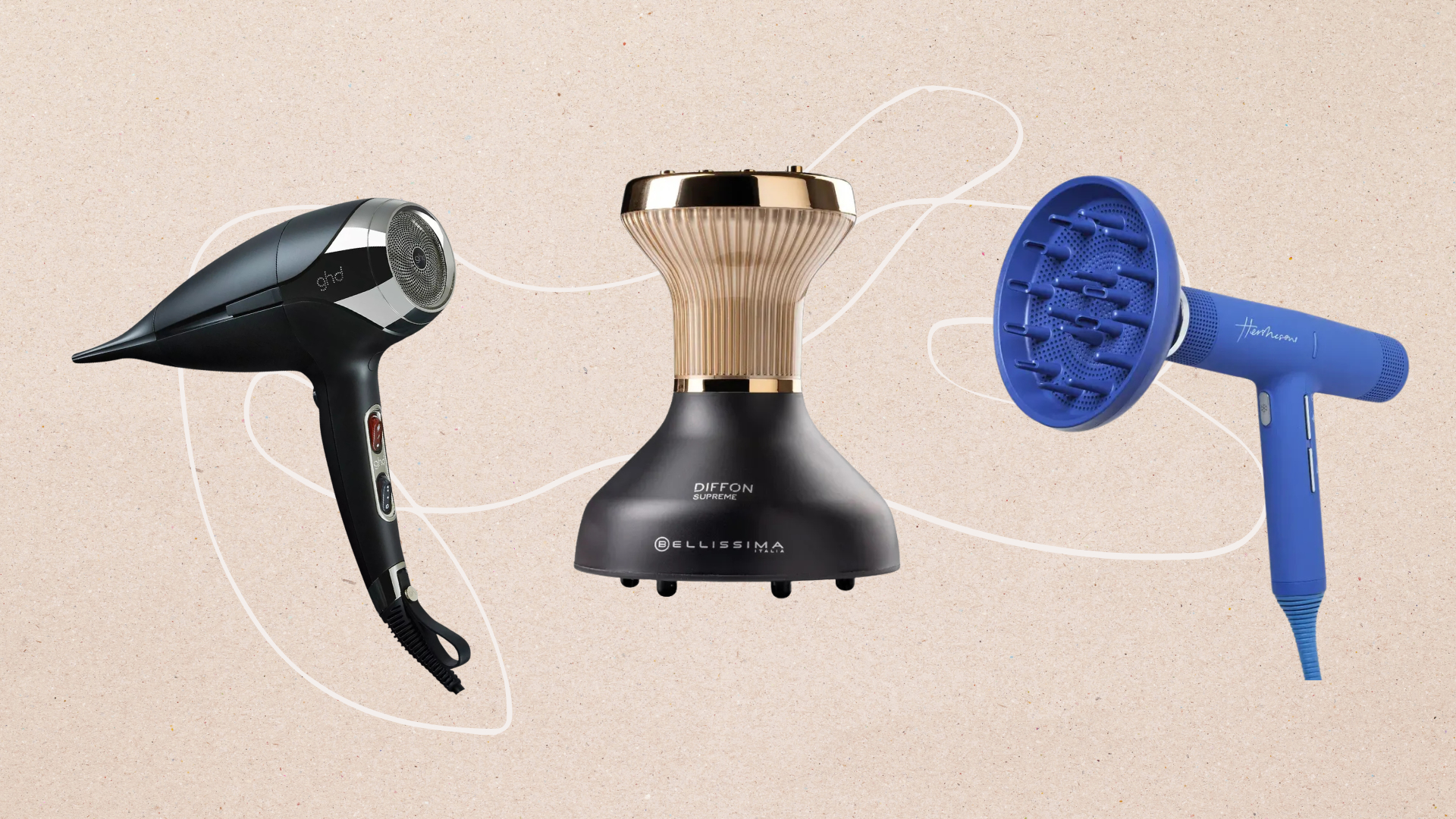Three of the best hair dryers for curly hair from (left to right) ghd, Bellissima and Hershesons, set on a beige background with a white fine line illustration