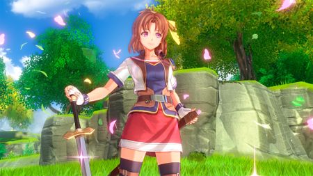 Screenshot from Trails in the Sky 2nd Chapter, showing a smiling female protagonist holding a sword in a lush green forest environment.