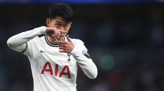 Tottenham Hotspur's Son Heung-min celebrates scoring his side's fifth goal during the Premier League match between Tottenham Hotspur and Leicester City at Tottenham Hotspur Stadium on September 17, 2022 in London, United Kingdom.