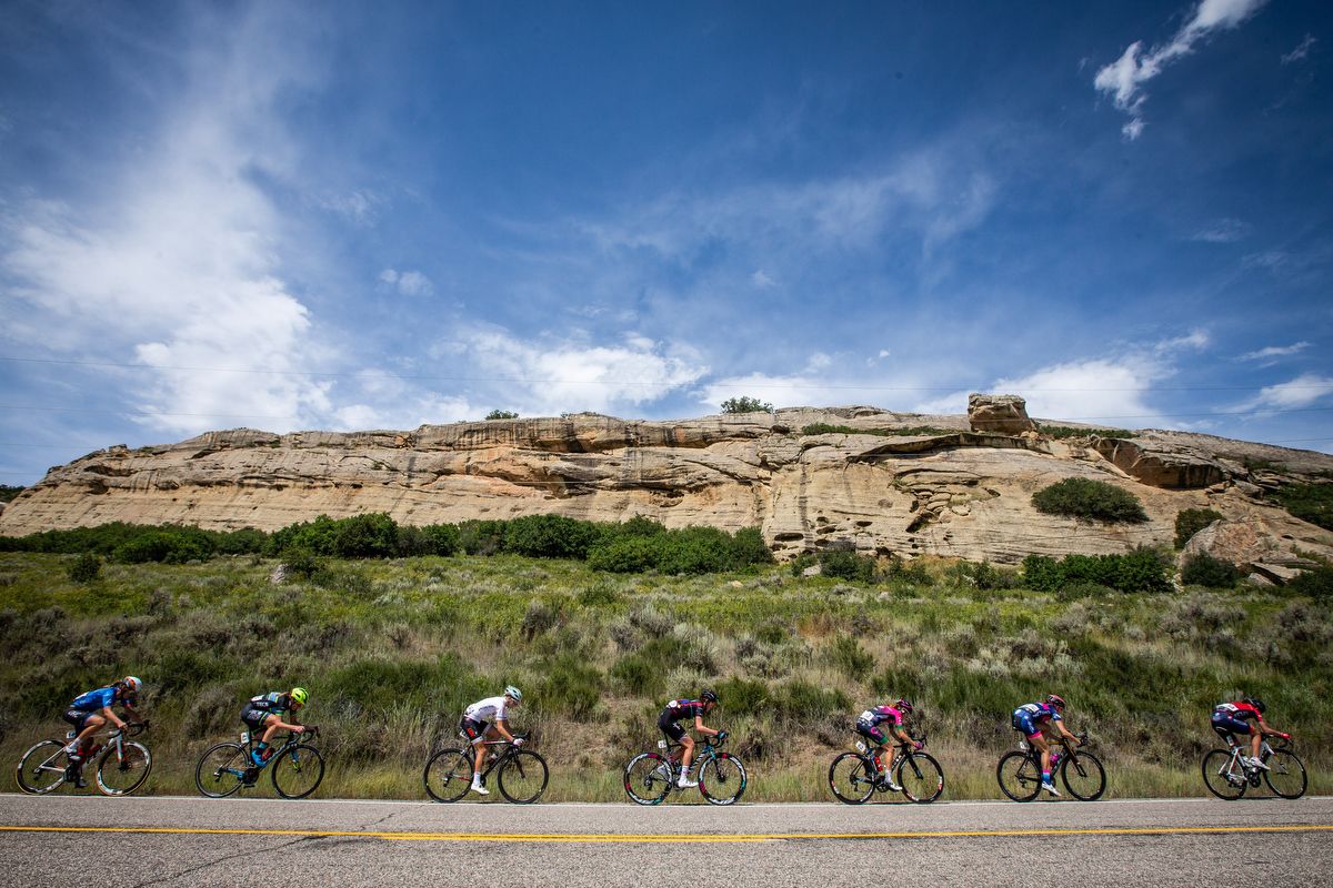 Riders pass a red rock cliff on stage 1 of the Colorado Classic on August 22, 2019 in Steamboat Springs, Colorado.