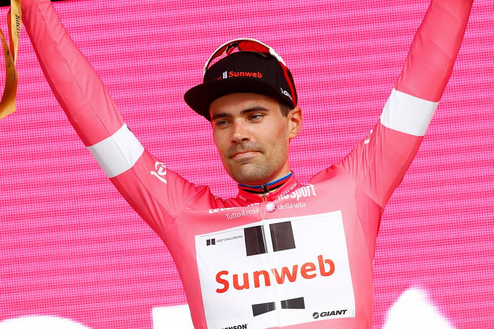 Tom Dumoulin in the pink jersey after winning the opening time trial at the 2018 Giro d'Italia