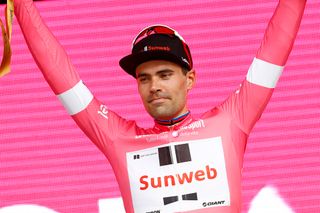 Tom Dumoulin in the pink jersey after winning the opening time trial at the 2018 Giro d'Italia