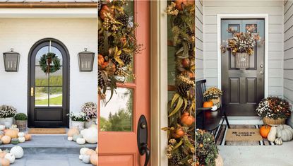 Outdoor Thanksgiving decor ideas, front porch decorated with pumpkins and wreath, close-up of wreath and garland on front door, decorated front porch with pumpkins and planters
