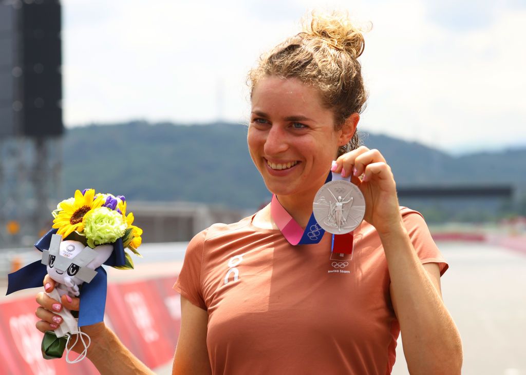 OYAMA JAPAN JULY 28 Marlen Reusser of Team Switzerland poses for a photograph with the silver medal after the Womens Individual time trial on day five of the Tokyo 2020 Olympic Games at Fuji International Speedway on July 28 2021 in Oyama Shizuoka Japan Photo by Tim de WaeleGetty Images