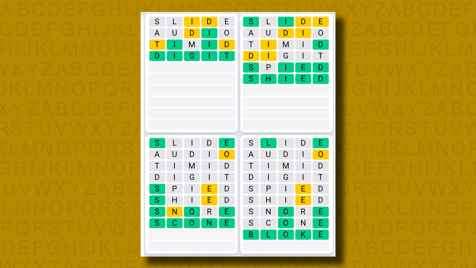 Quordle Daily Sequence answers for game 1331 on a yellow background