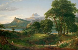 Thomas Cole, The Course of Empire: The Pastoral or Arcadian State, about 1834. Oil on canvas, 99.7 × 160.6 cm. National Gallery, ccourtesy of the New-York Historical Society © Collection of The New-York Historical Society, New York / Digital image created by Oppenheimer Editions