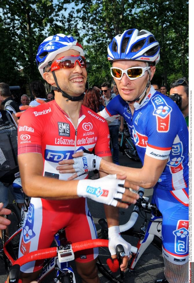 Laurent Pichon (FDJ) congratulates Bouhanni on win number three