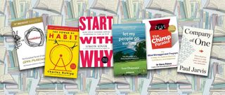 6 business books against a book themed background