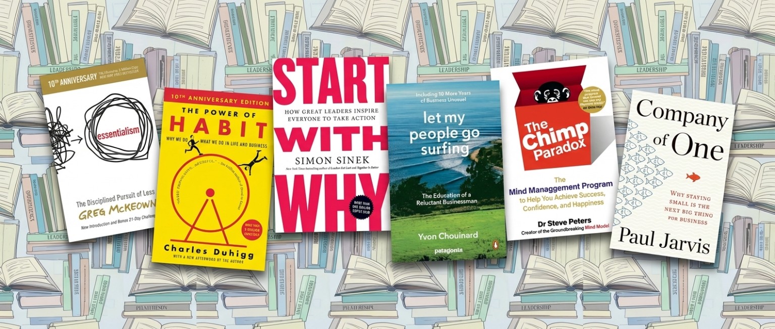 6 business books against a book themed background