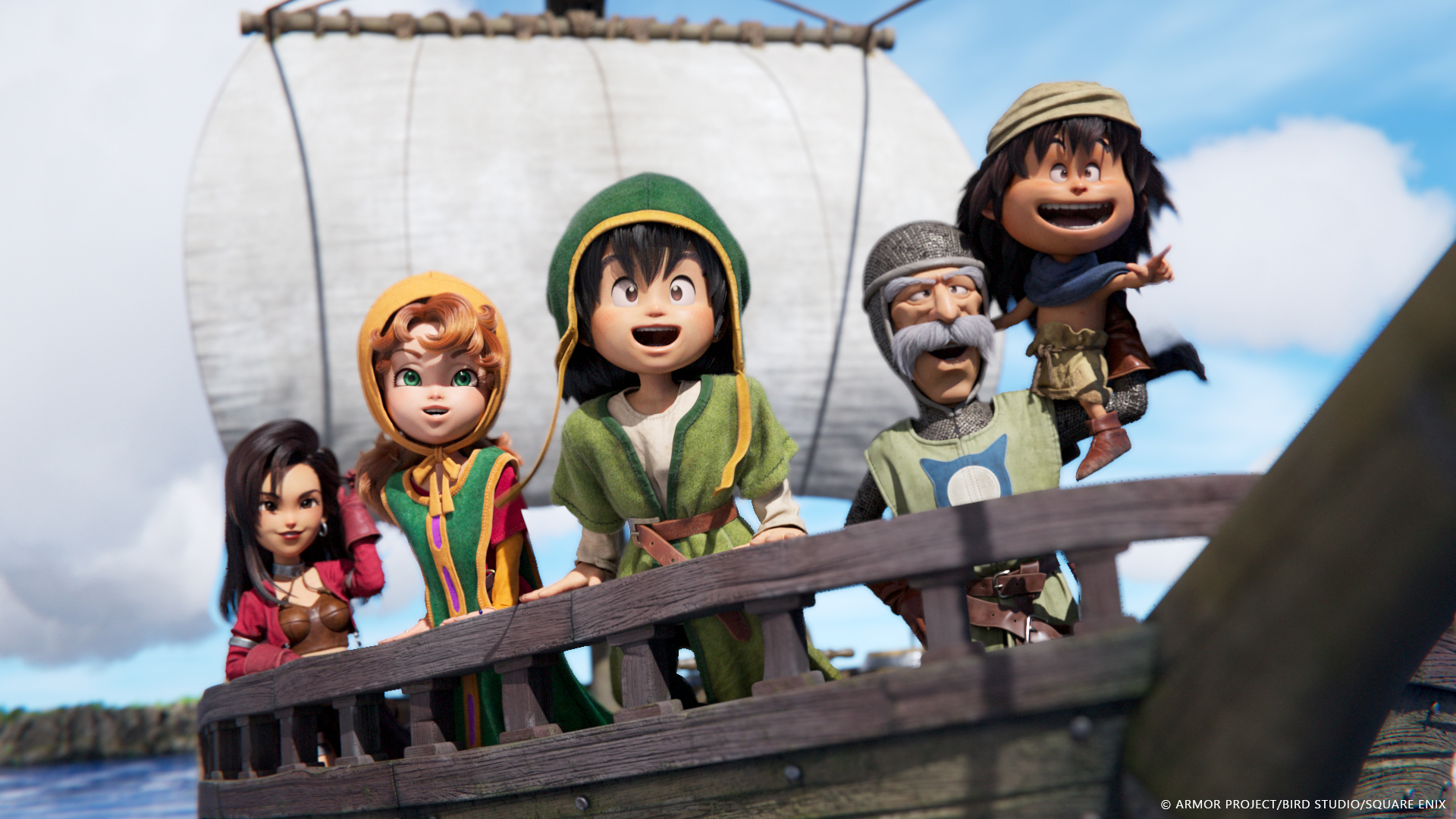 Dragon Quest 7: Reimagined screenshot showing a group of characters looking out over the horizon on board a ship