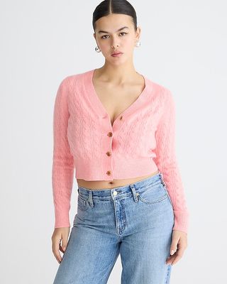 Cashmere Shrunken Cable-Knit V-Neck Cardigan Sweater in Pink