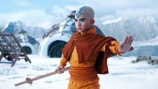 Aang prepares to do battle on a snow-filled field in Netflix's Avatar: The Last Airbender