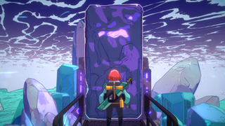 A character facing a magical purple portal in a icy region