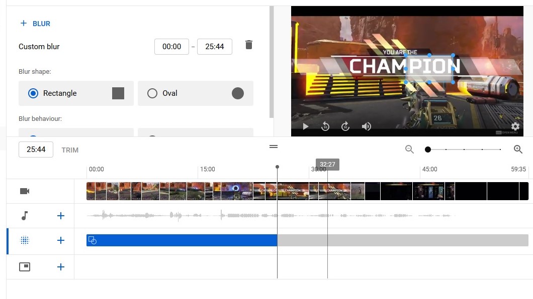 How to edit videos on YouTube - add blur step 2: Click and drag the blue bar's edges to adjust when the effect appears