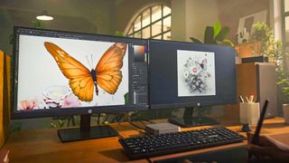 Geekom GT13 Pro connected to monitors and being used for creative drawing programs to draw a butterfly.