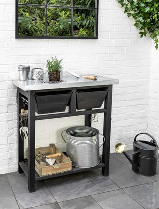 potting bench on a patio