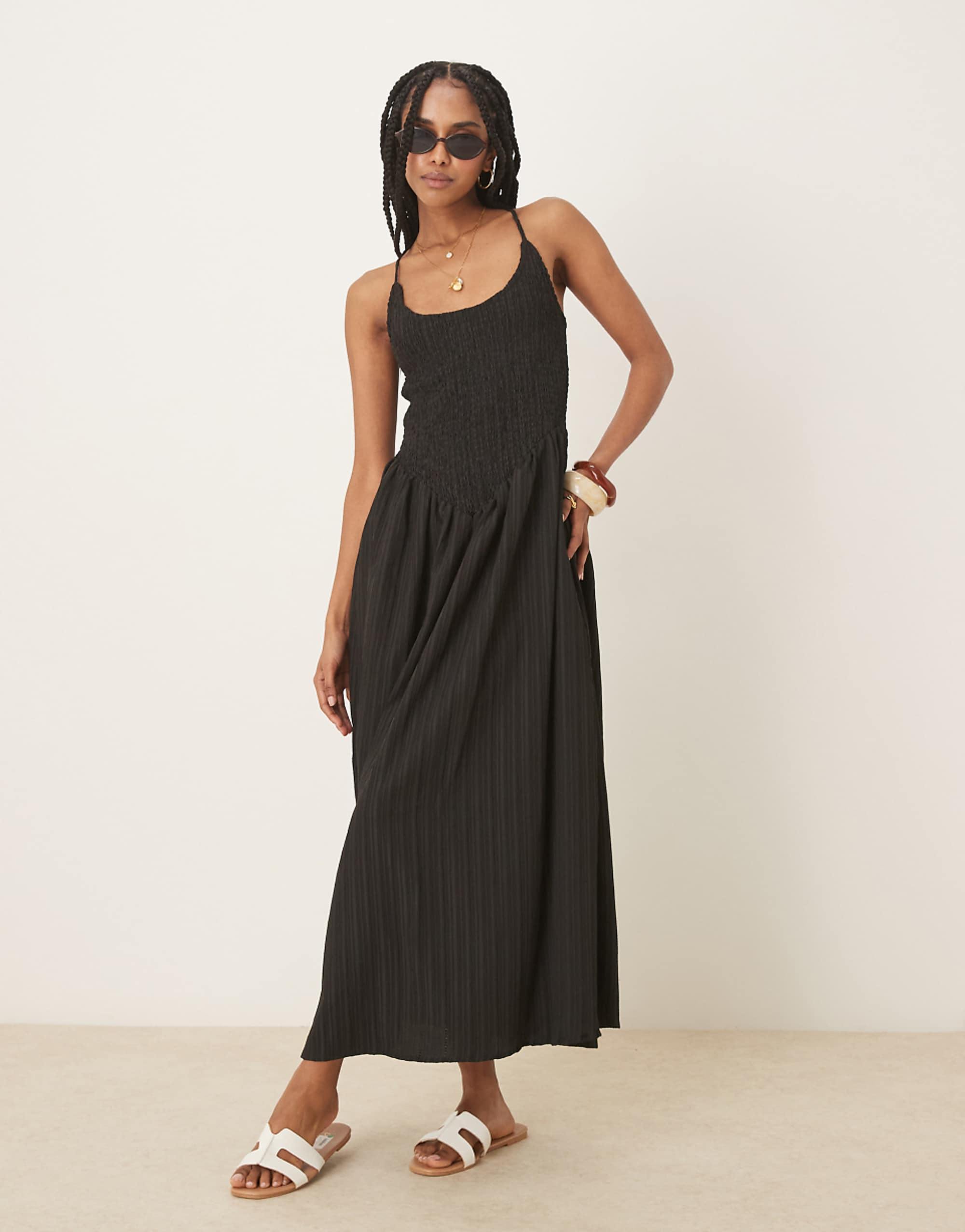 Asos Design Scoop Neck Crinkle Maxi Dress With Cross Back in Black