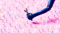 Conceptual image of a blue robotic arm holding a work tool above a large group of people on a pink background
