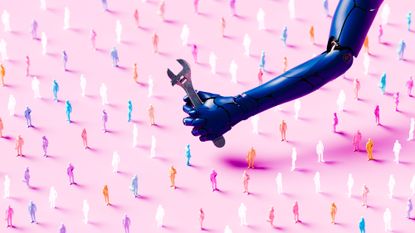 Conceptual image of a blue robotic arm holding a work tool above a large group of people on a pink background