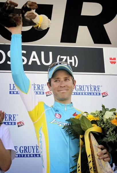 Fredrik Kessiakoff (Astana) on the podium following his time trial victory at the Tour de Suisse