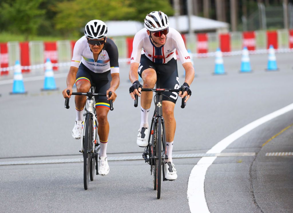 OYAMA JAPAN JULY 24 Richard Carapaz of Team Ecuador Brandon McNulty of Team United States in the breakaway during the Mens road race at the Fuji International Speedway on day one of the Tokyo 2020 Olympic Games on July 24 2021 in Oyama Shizuoka Japan Photo by Tim de WaeleGetty Images