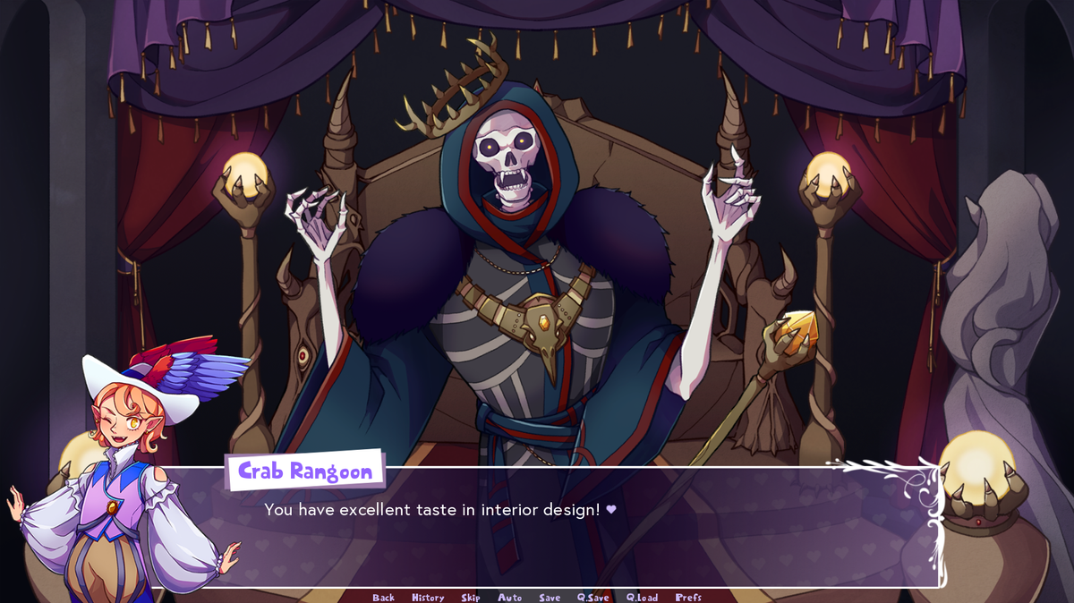 An image from adventure game Bard Harder. The charming bard protagonist is telling a skeletal wizard-king that their taste in interior decoration is fabulous.