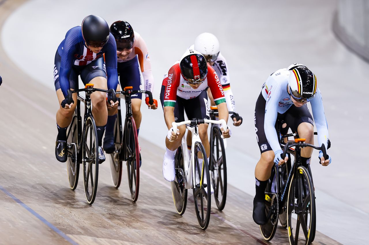 Maria Martins of Portugal (C) competes during Tissot UCI Track World Championship Women&#039;s Omnium - Elimination Race