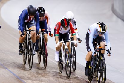 Maria Martins of Portugal (C) competes during Tissot UCI Track World Championship Women's Omnium - Elimination Race