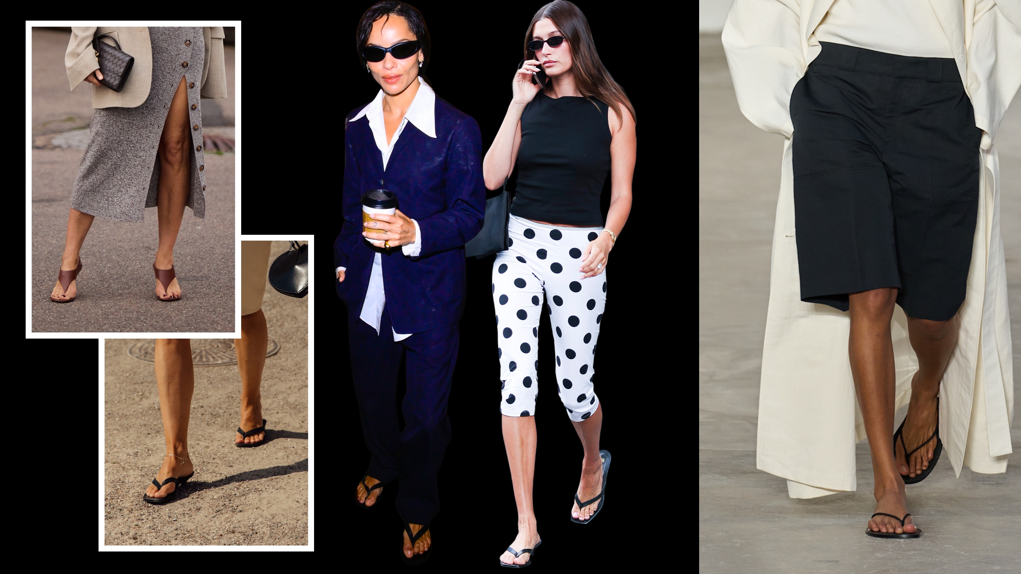 Hailey Bieber wearing thong sandals; Zoe Kravitz wearing thong sandals; thong sandals on the spring 2026 runways; street style featuring thong sandals 